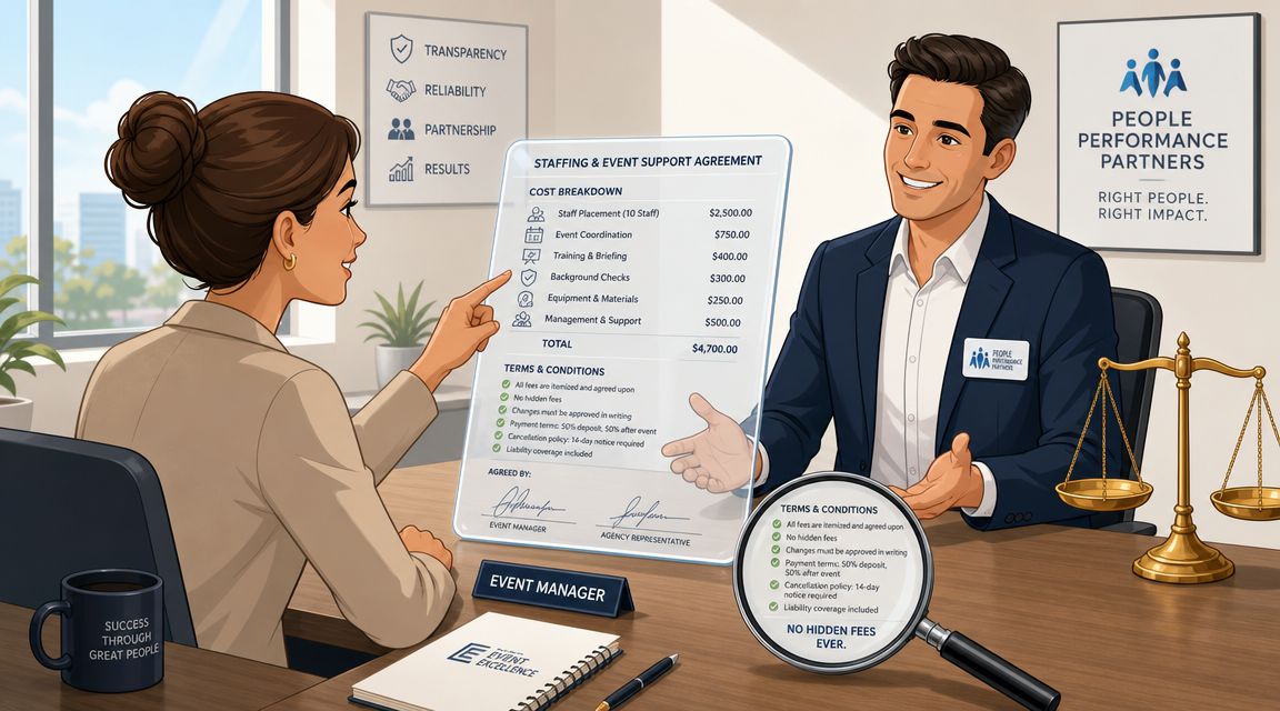 A professional woman and a recruiter reviewing a transparent event staffing agreement in a modern office.
