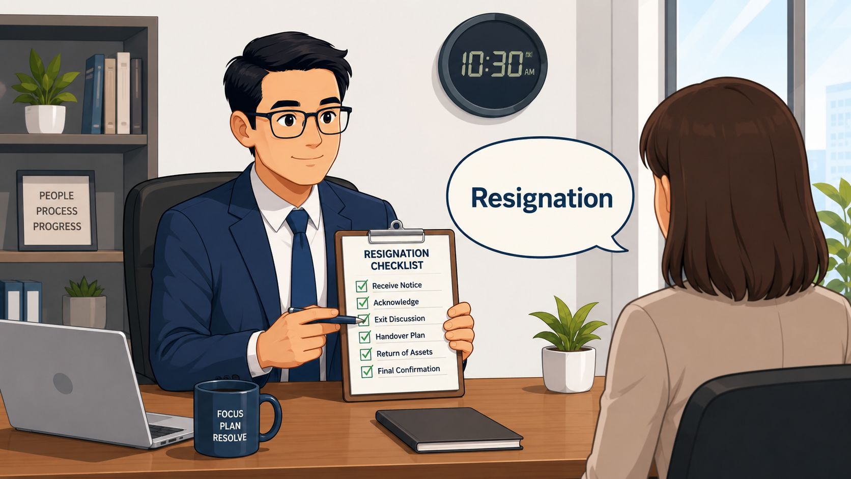 A professional man holding a resignation checklist during a meeting with an employee in an office.