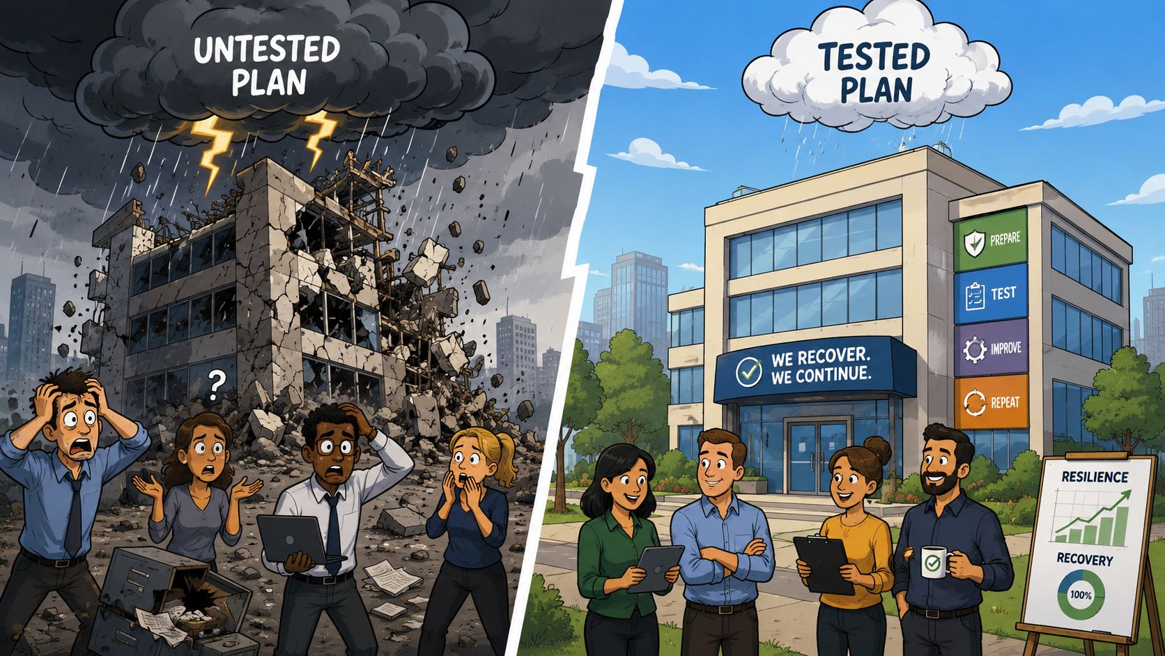 A split image comparing a destroyed building from an untested plan versus a thriving office using recovery strategies.