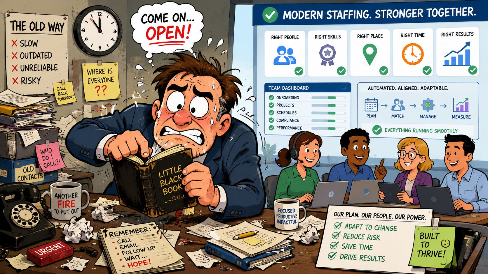 A contrast between a stressed professional using an outdated contact book and a modern, efficient team using digital dashboards.