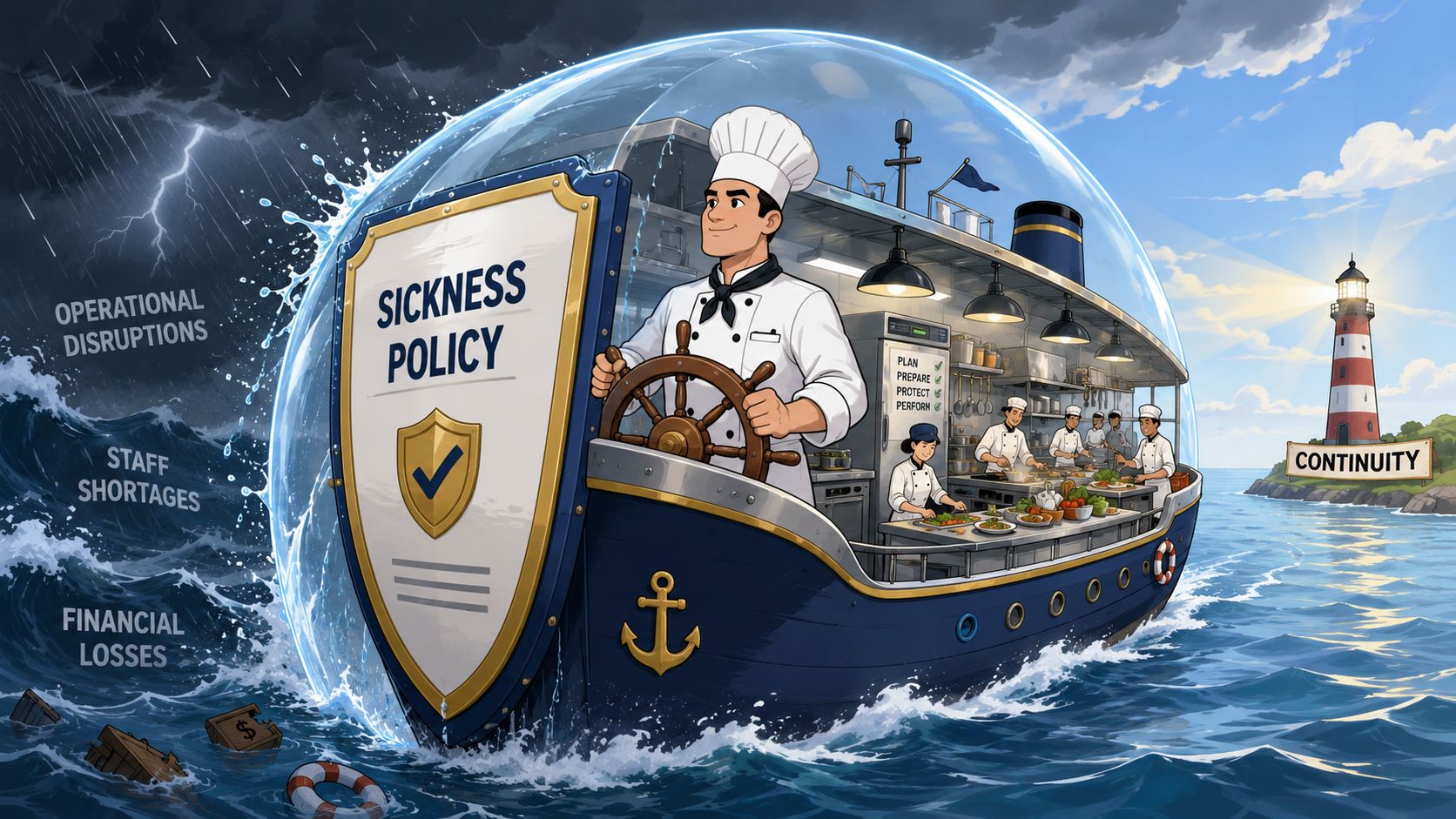 A chef steers a ship through a storm protected by a sickness policy shield towards a lighthouse.