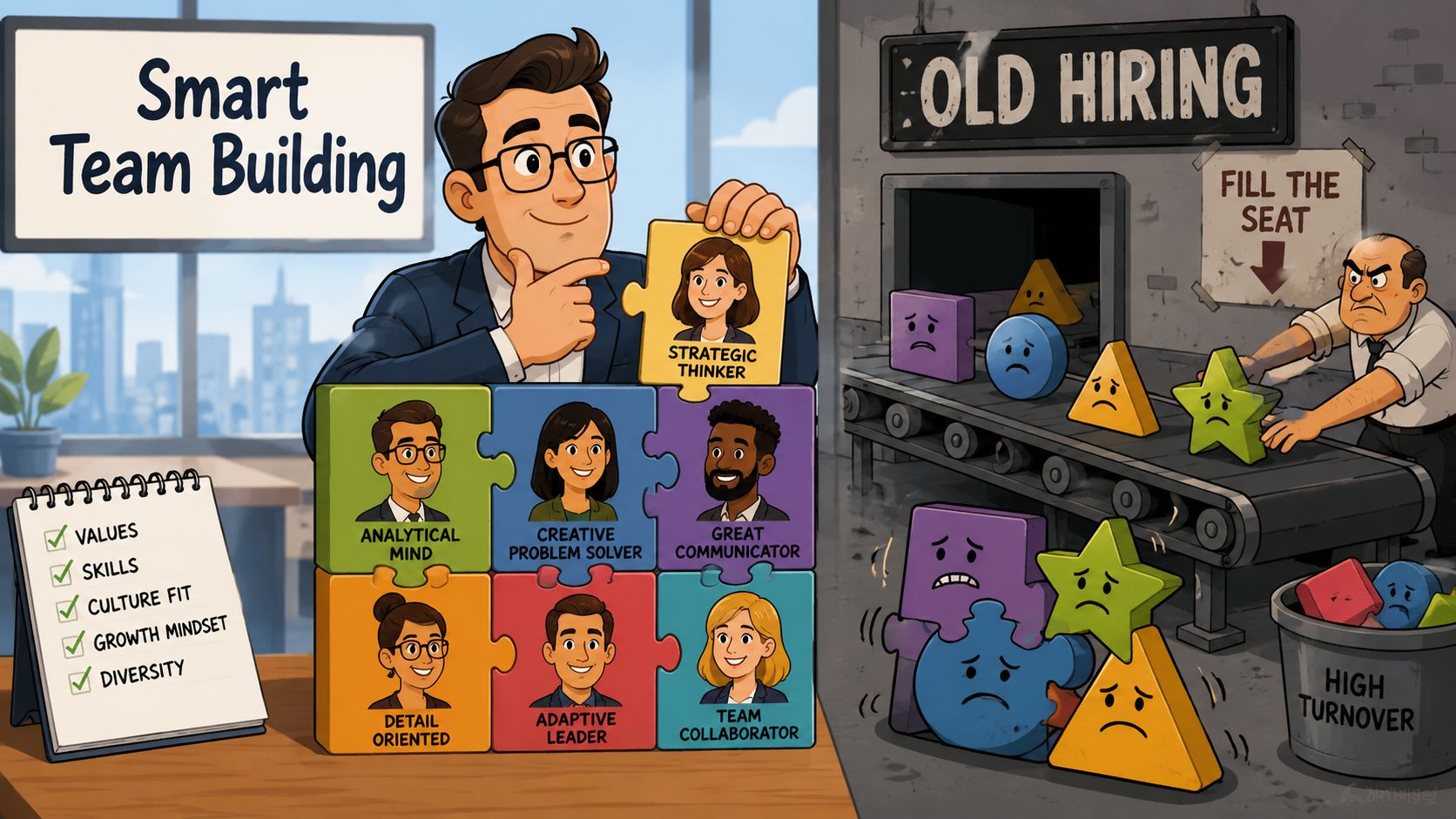 A split screen comparing modern team building strategies with ineffective, traditional high-turnover hiring processes in an office.