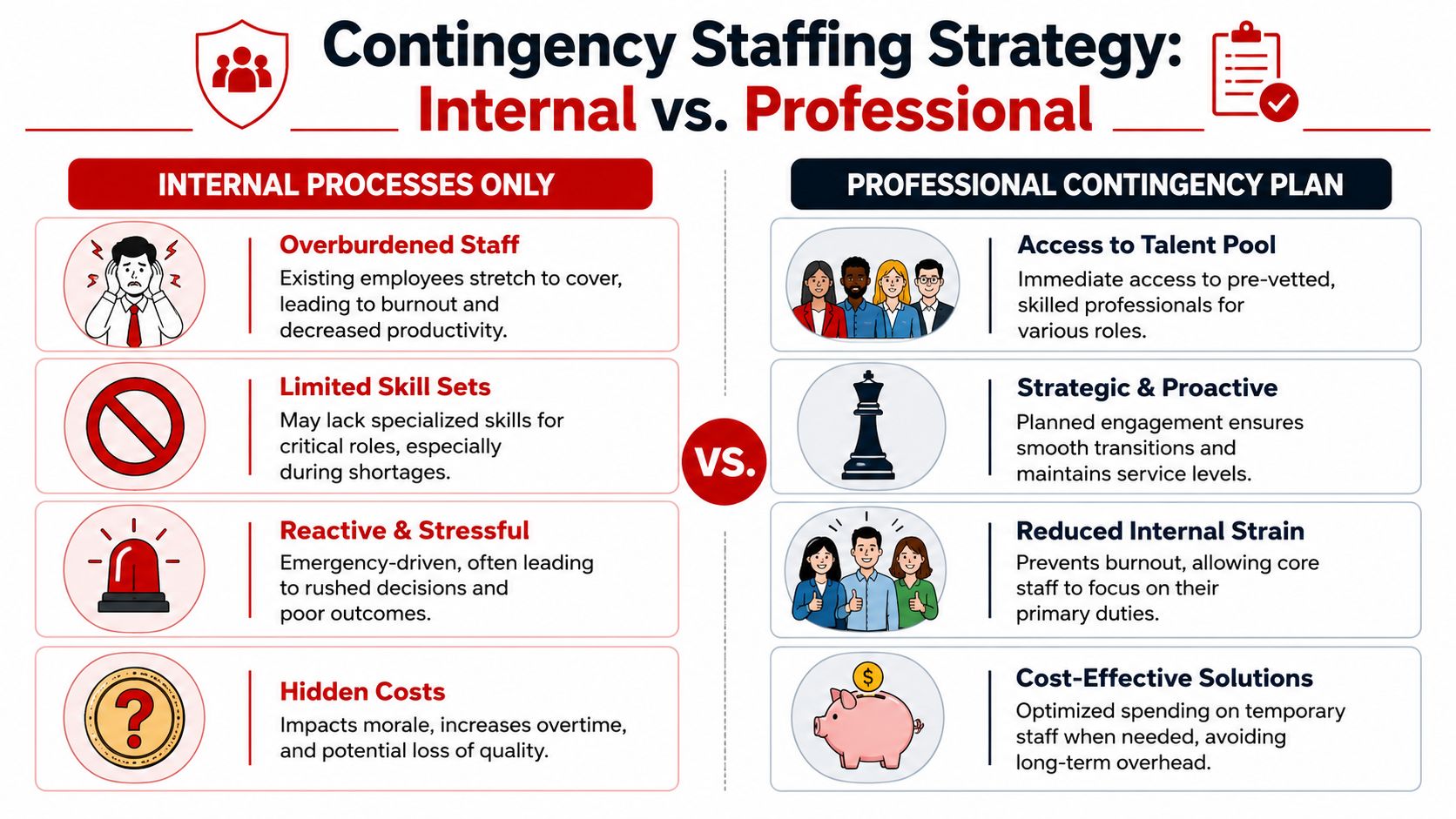 A comparison chart highlighting the benefits of professional contingency staffing over relying solely on internal processes.