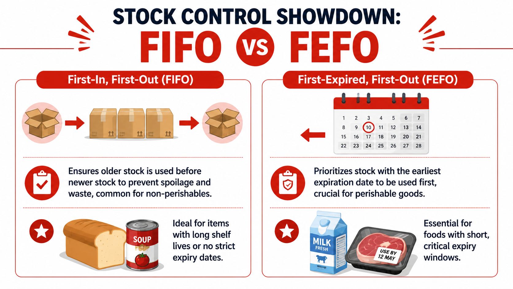 A comparison chart explaining the differences between FIFO (First-In, First-Out) and FEFO (First-Expired, First-Out) inventory management techniques.