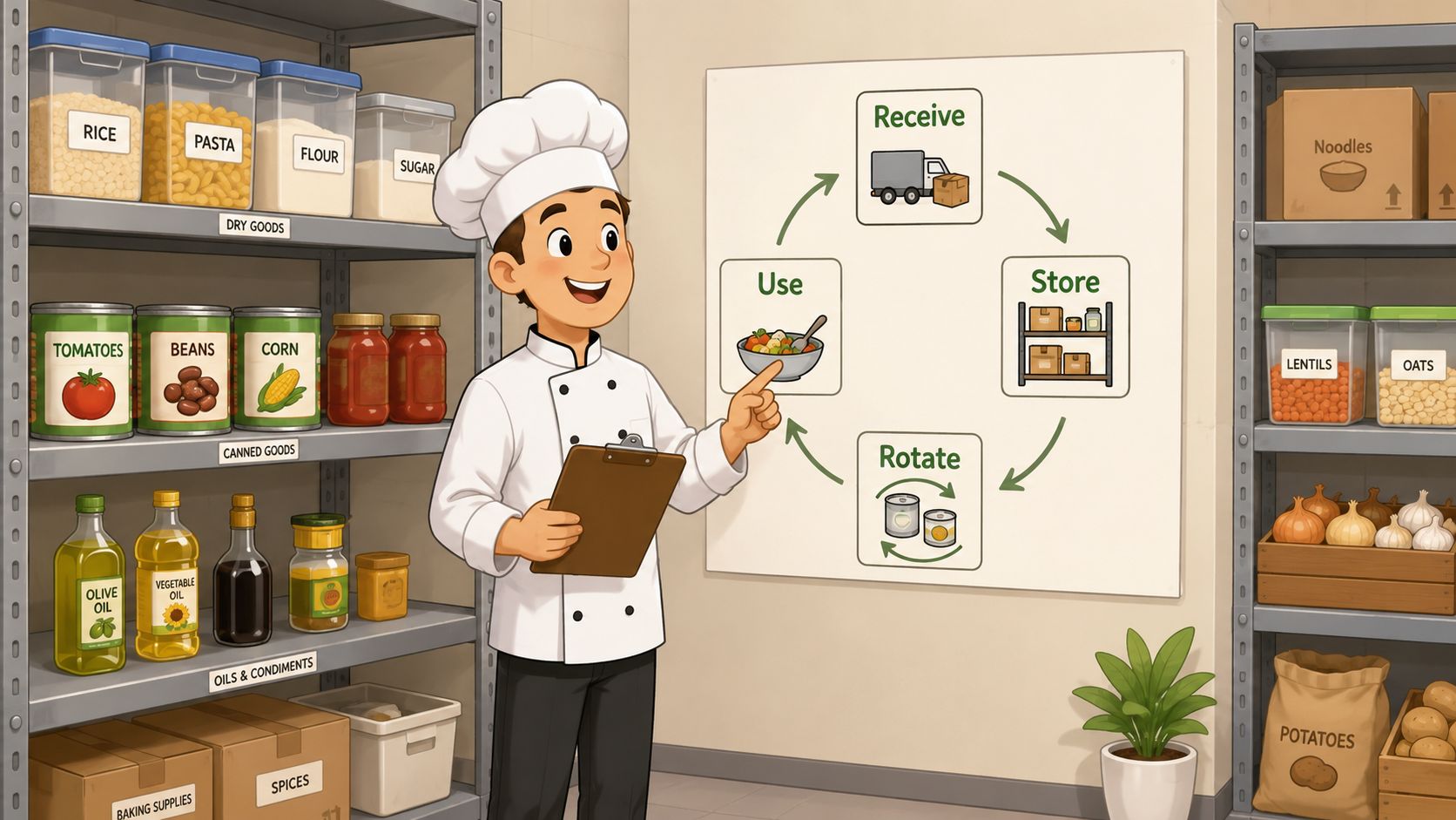 A chef in a uniform pointing at a whiteboard diagram illustrating the four steps of stock rotation.
