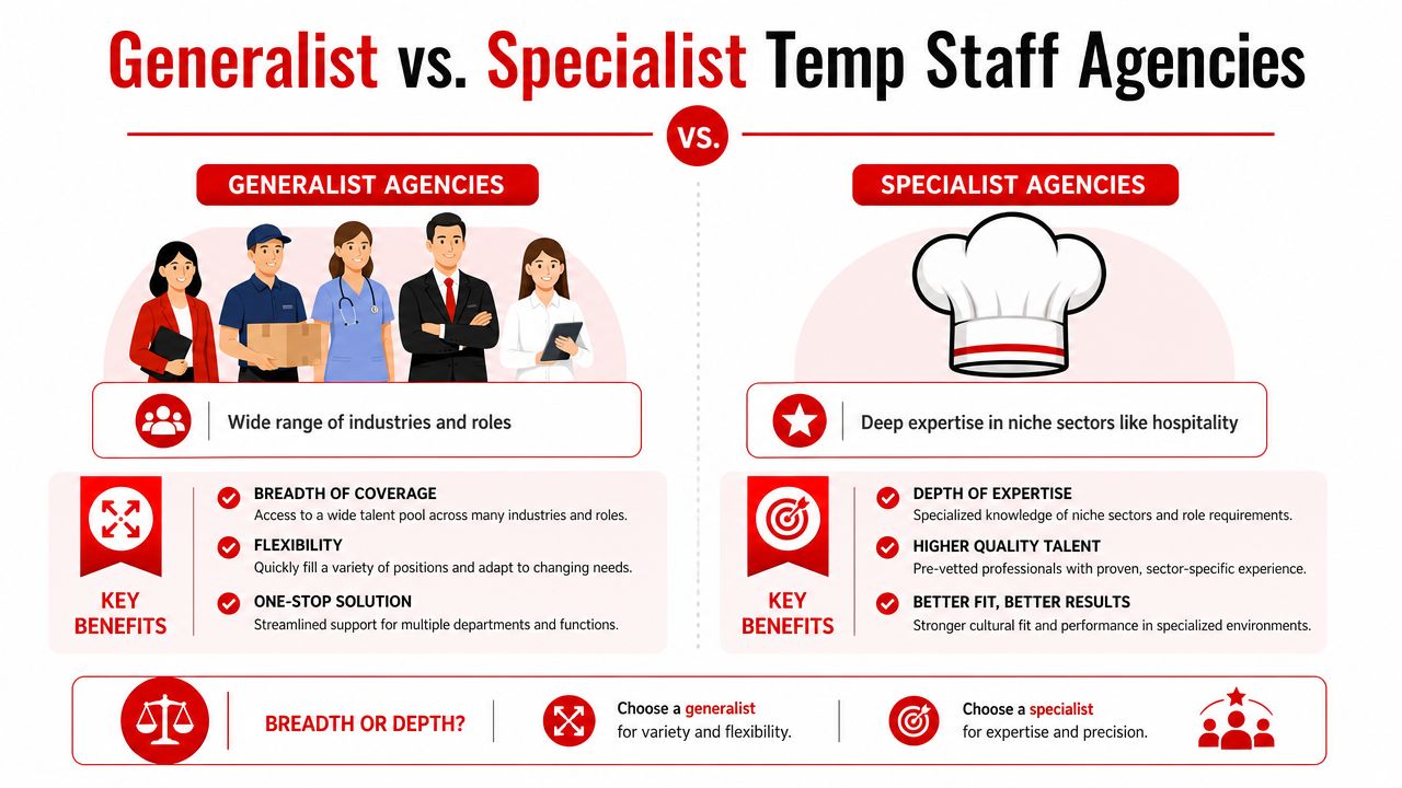 A comparative infographic illustrating the key differences and benefits between generalist and specialist temp staff agencies.