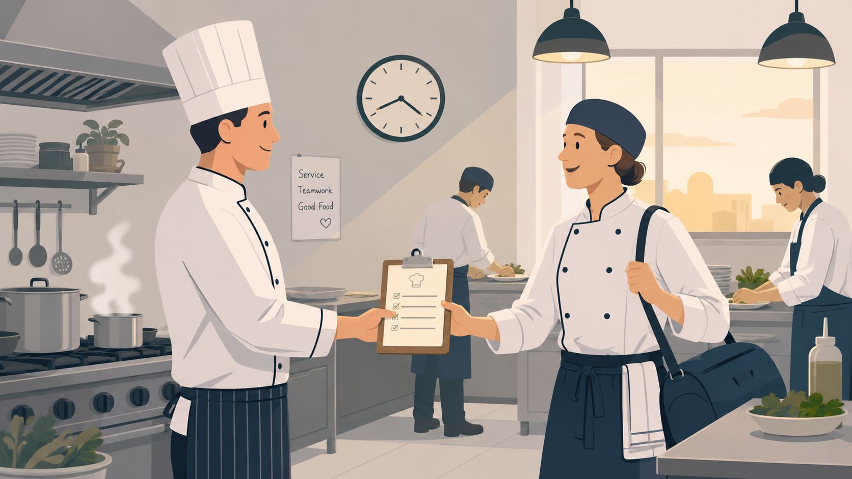 A professional head chef hands a checklist to a departing team member in a busy commercial kitchen.
