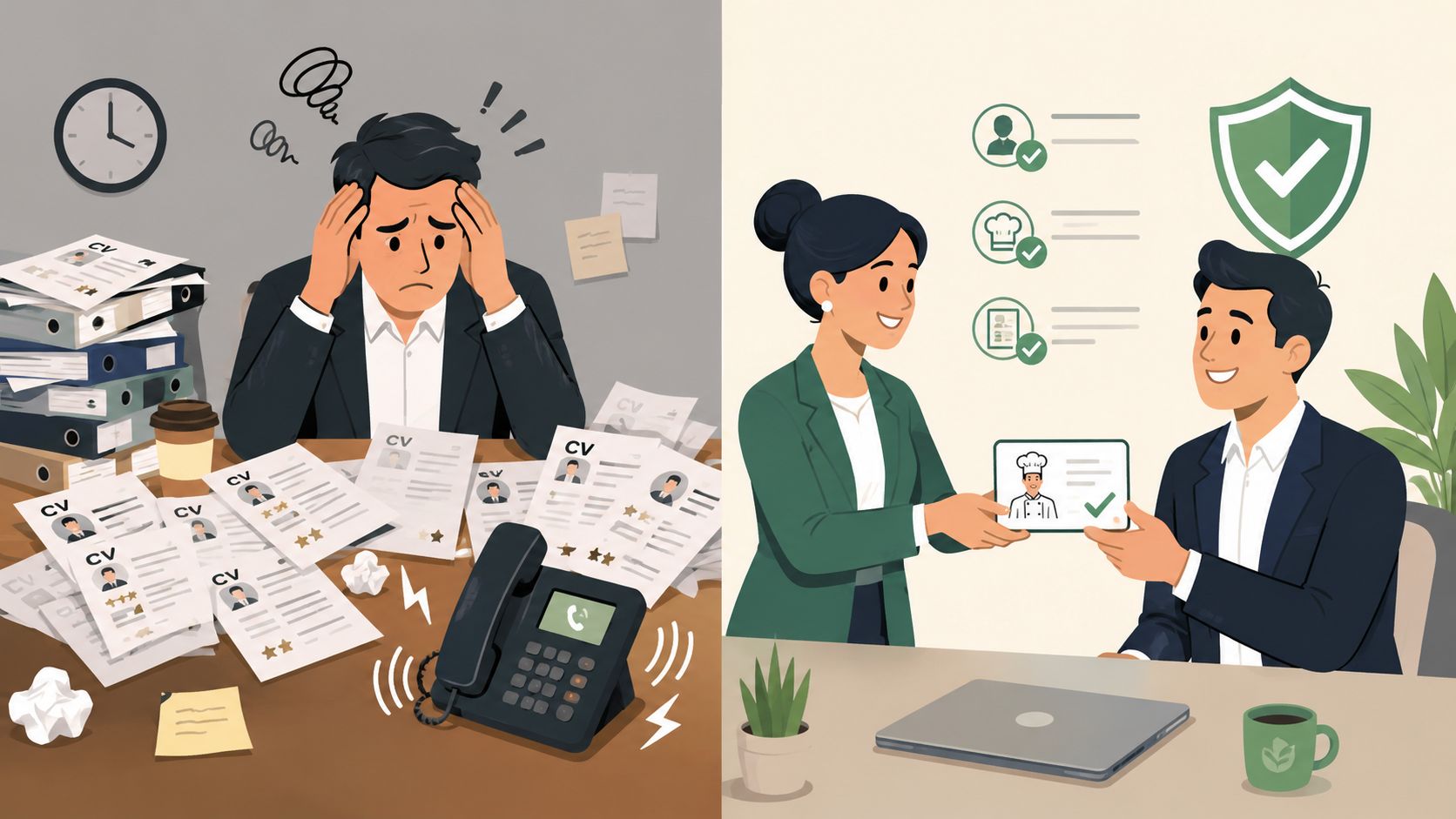 A side-by-side comparison of a stressed recruiter versus an efficient professional using modern recruitment software.