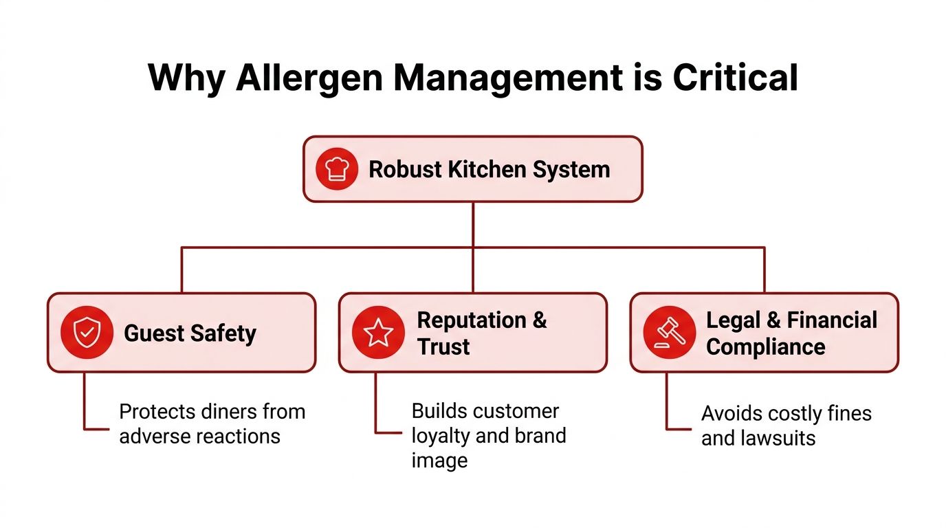 A diagram illustrating why allergen management is critical for a robust kitchen system and guest safety.