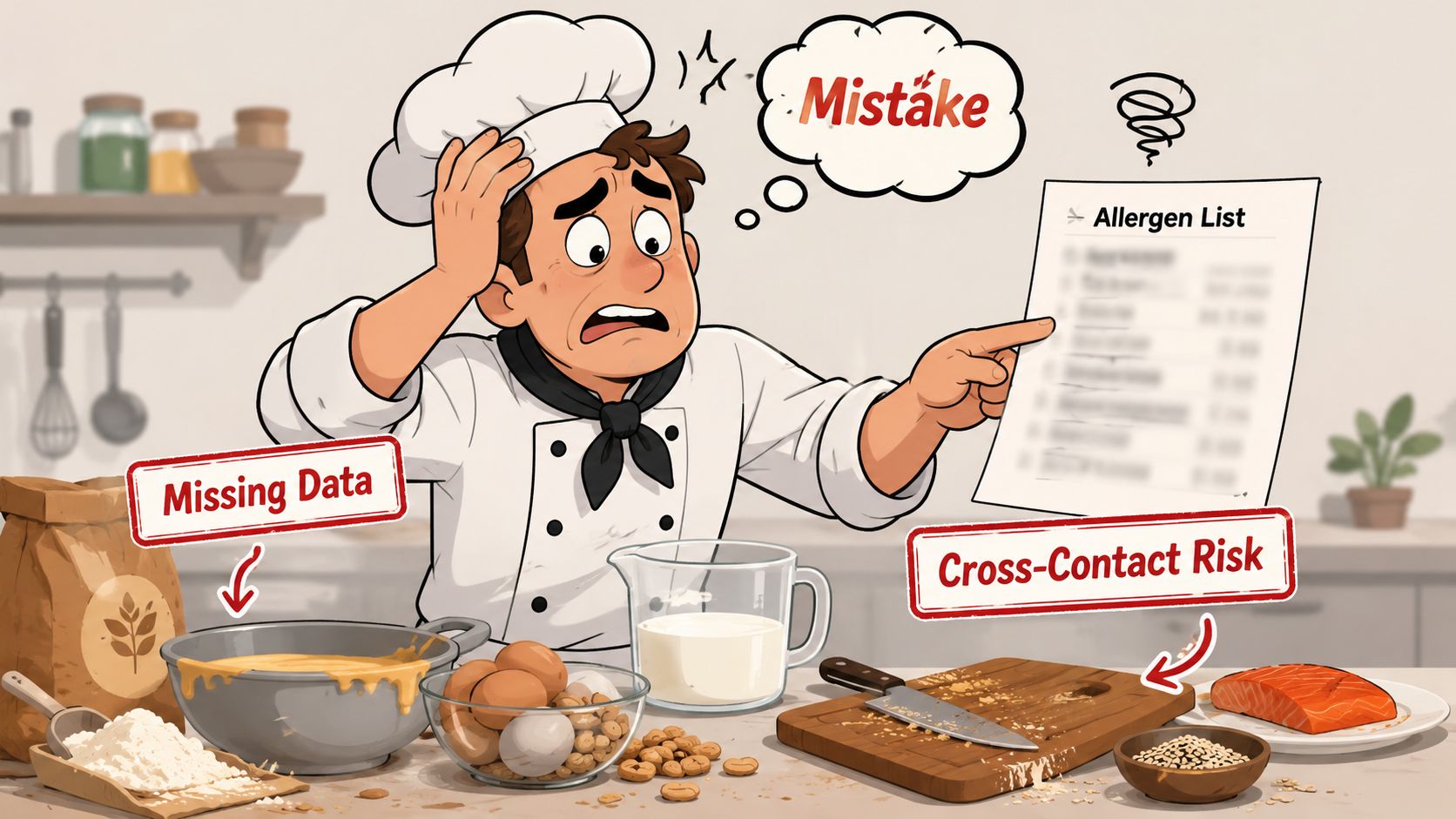 A distressed chef looking at an allergen list, highlighting food safety risks in a kitchen setting.