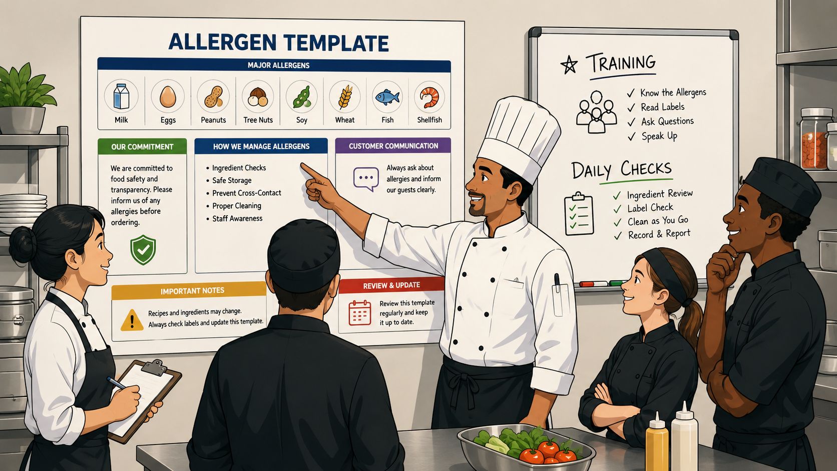 A professional head chef explaining food allergen safety procedures to his kitchen staff using a whiteboard template.