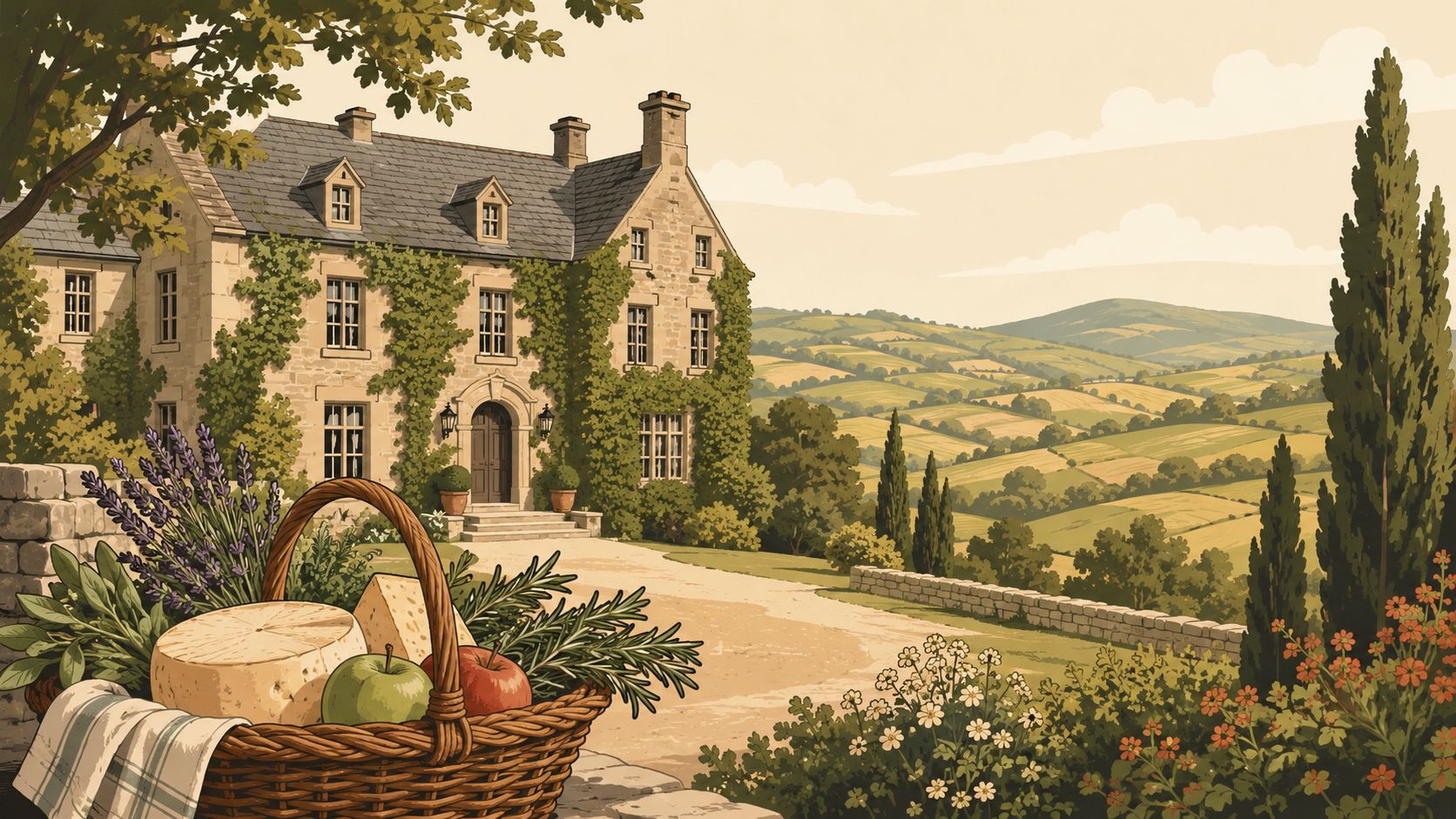 A rustic picnic basket with cheese and apples sits before a charming ivy-covered stone manor house.