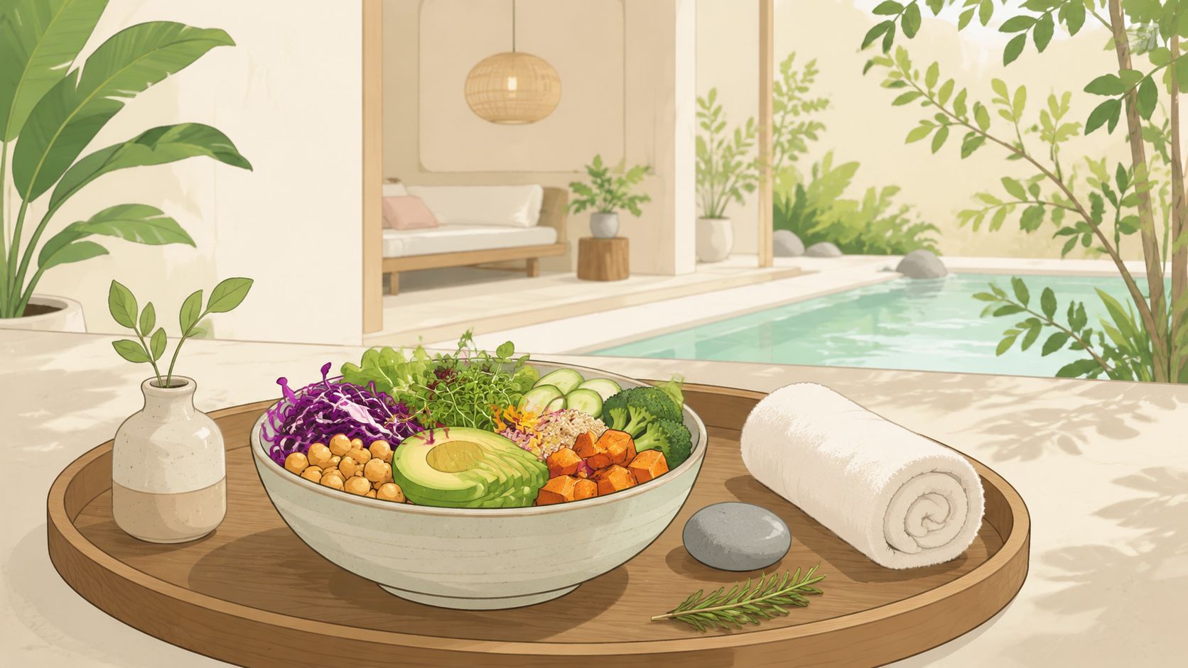 A healthy poke bowl with avocado and fresh vegetables served on a tray by a pool.