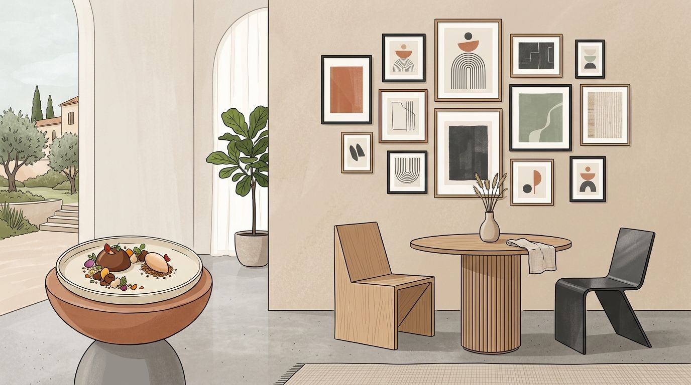 A minimalist dining room featuring modern art gallery wall, wooden furniture, and a gourmet plated dessert.