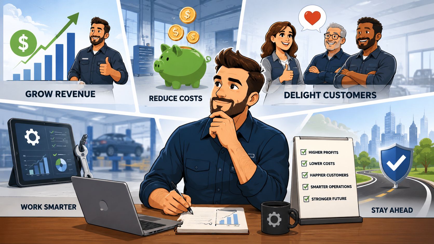 A professional manager contemplating business optimization strategies for growth, cost reduction, and enhancing customer satisfaction in a workshop.