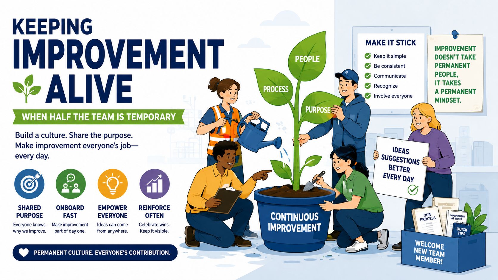 A diverse team working together to nurture a Continuous Improvement plant in a collaborative office setting.