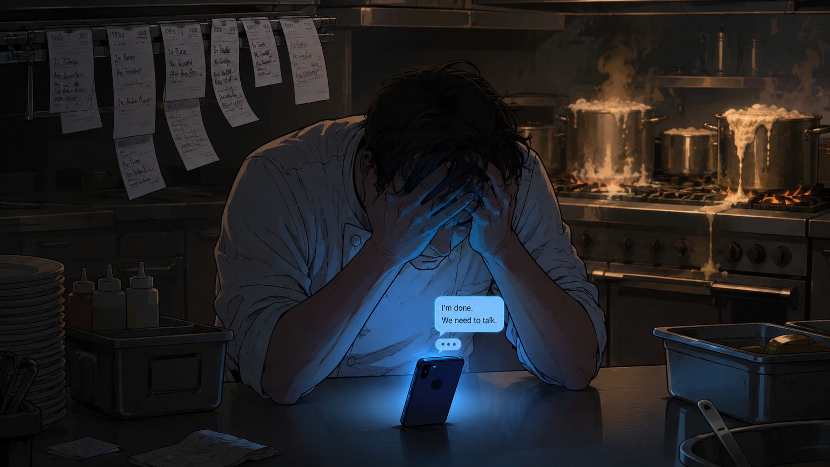 A distressed chef in a busy kitchen looking at a phone screen with an unsettling text message.