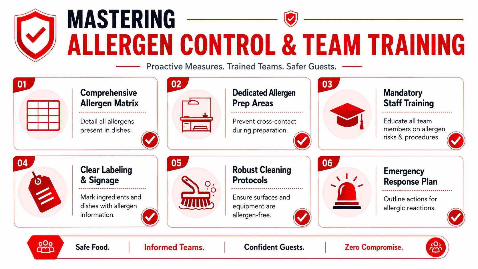 A six-step infographic titled Mastering Allergen Control and Team Training for food service safety management.