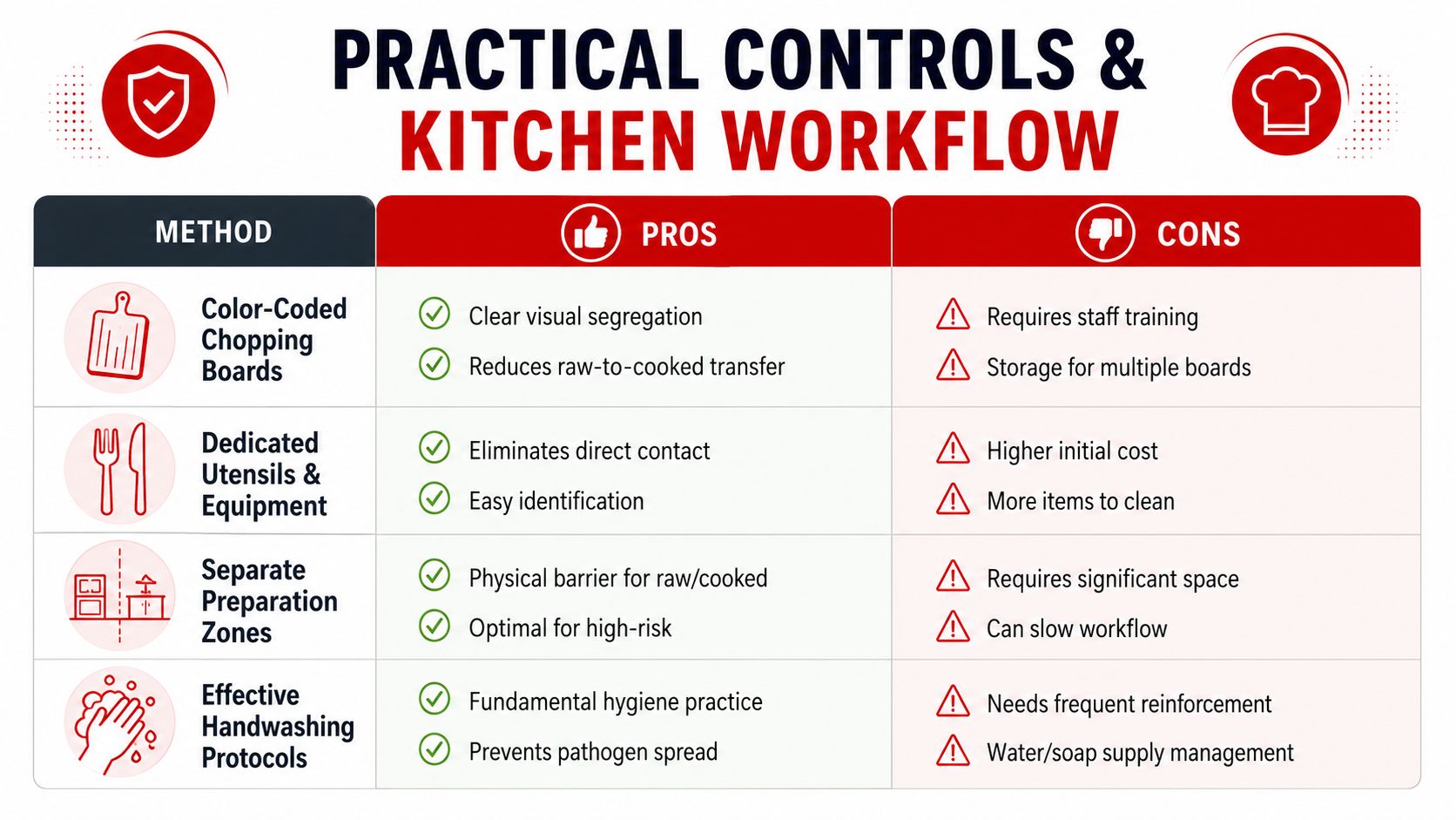 A chart illustrating practical kitchen workflow methods for preventing cross-contamination through various safety controls and hygiene practices.