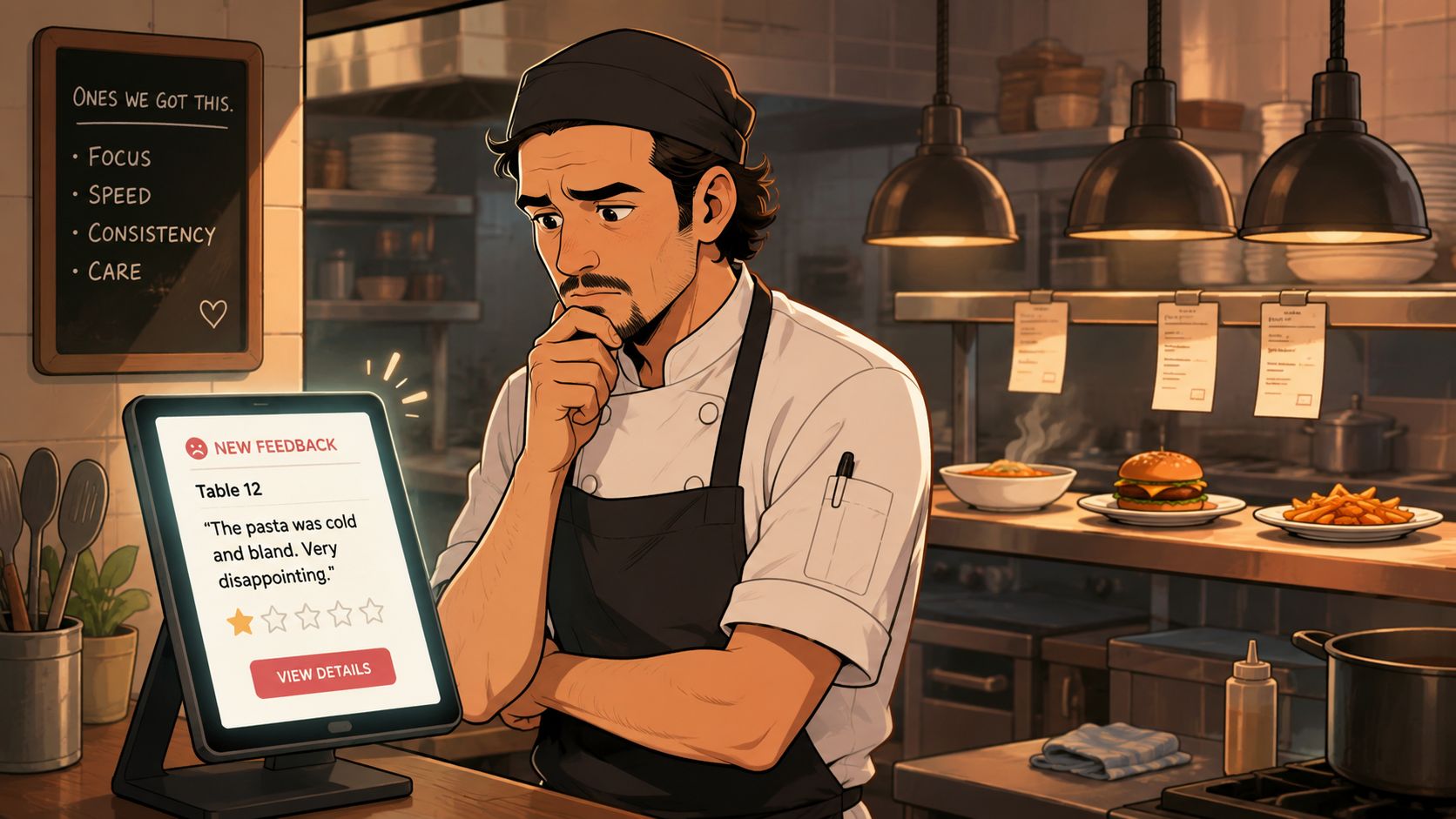 A concerned chef looking at a negative customer feedback review on a tablet in a busy kitchen.