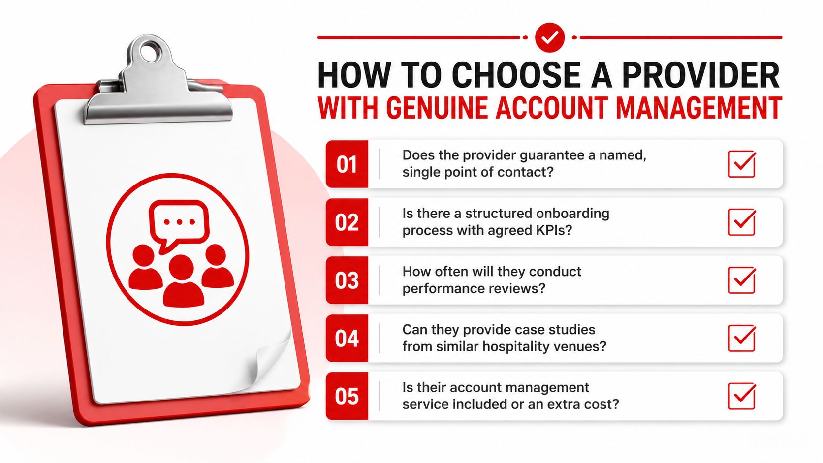 A red clipboard listing five key questions to ask when choosing a provider with dedicated account management.