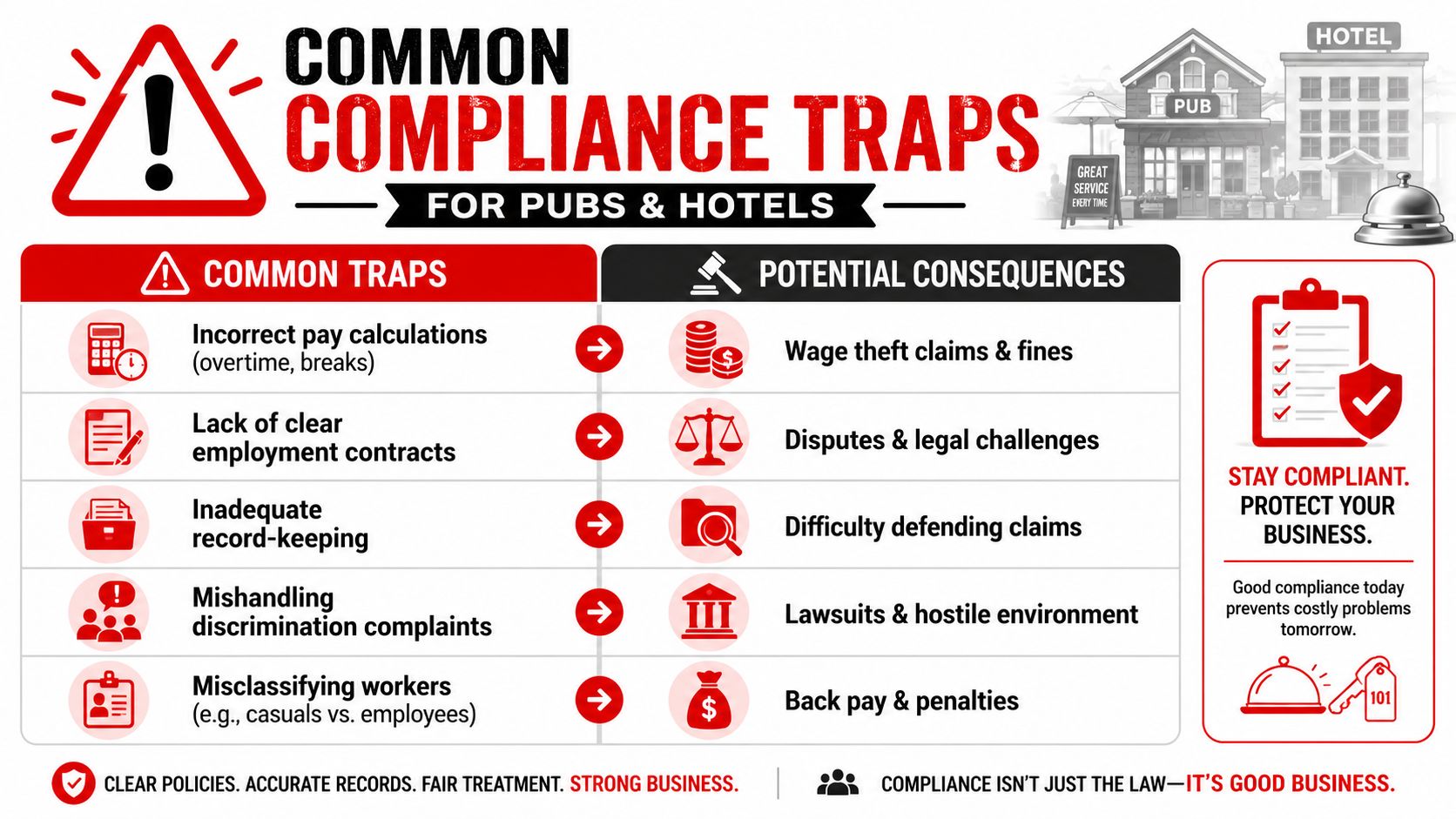 An infographic titled Common Compliance Traps for Pubs and Hotels highlighting common employment errors and their consequences.