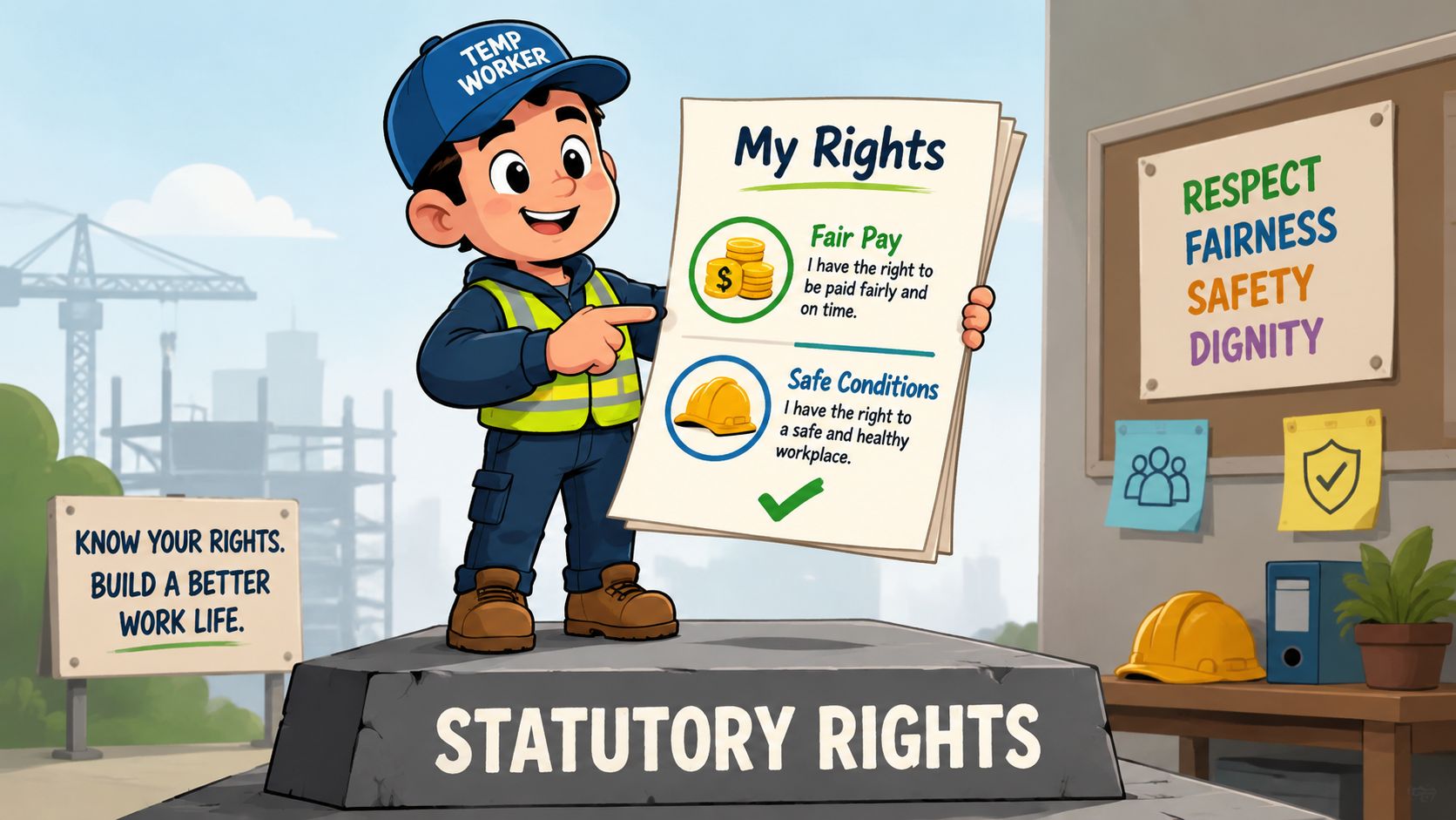 An illustration of a cartoon construction worker holding a poster titled My Rights listing fair pay and safety.