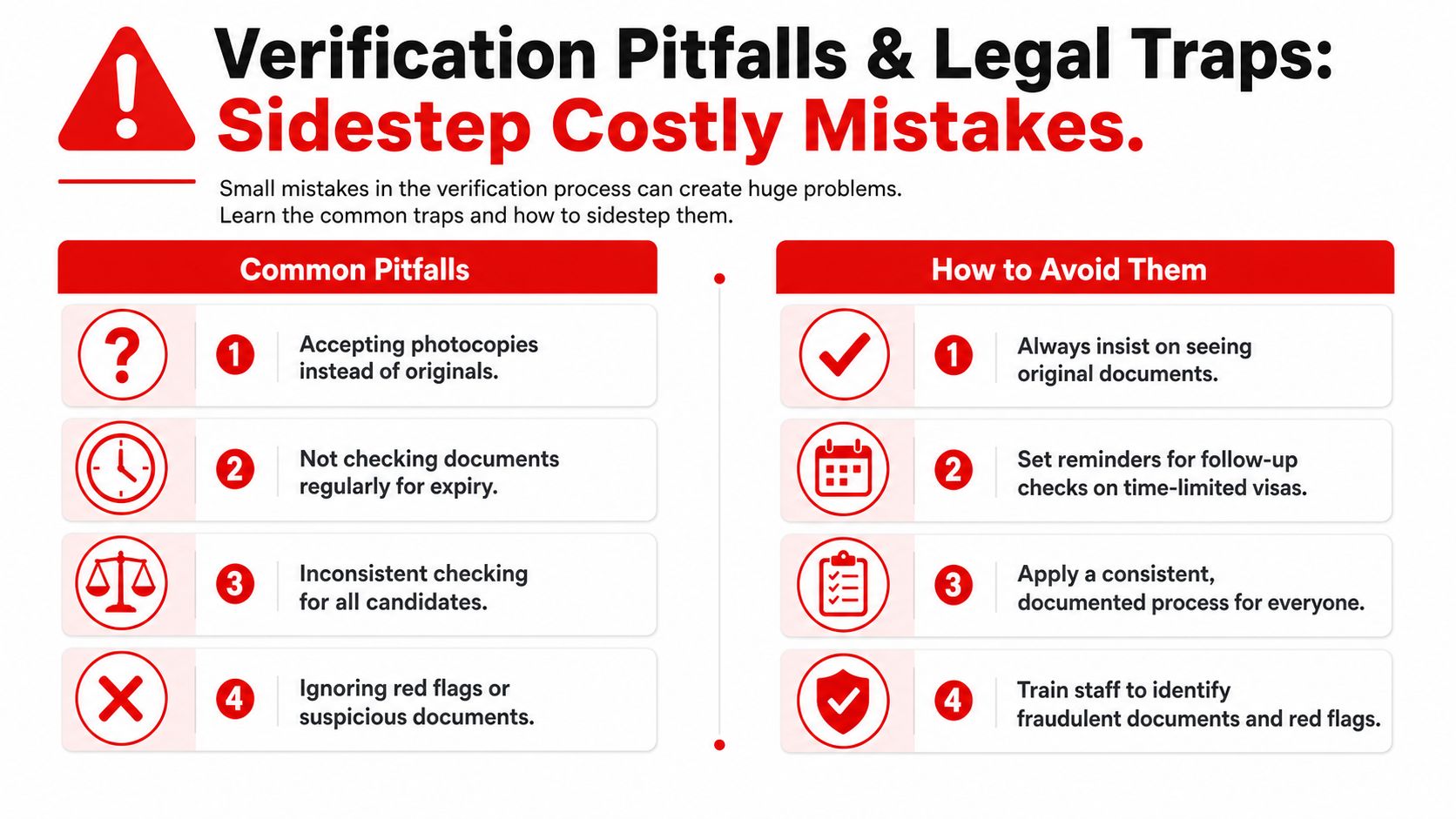 A professional infographic highlighting common document verification pitfalls and actionable steps to avoid legal risks in recruitment.