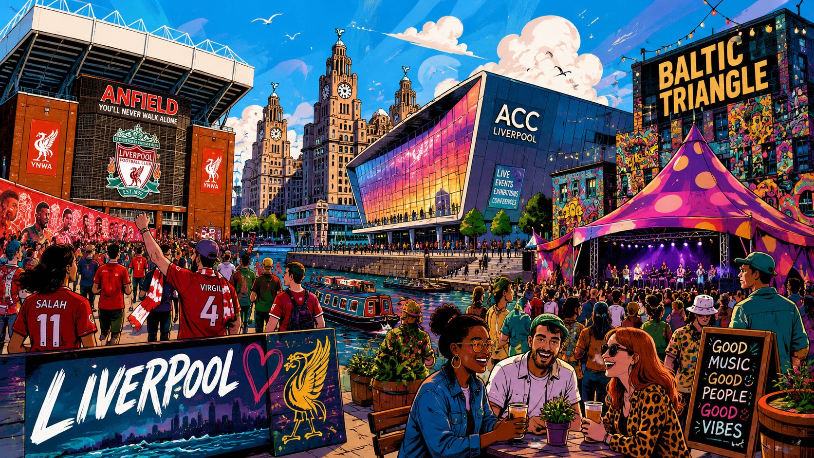 An artistic illustration featuring landmarks of Liverpool, including Anfield Stadium, the ACC and Baltic Triangle music events.