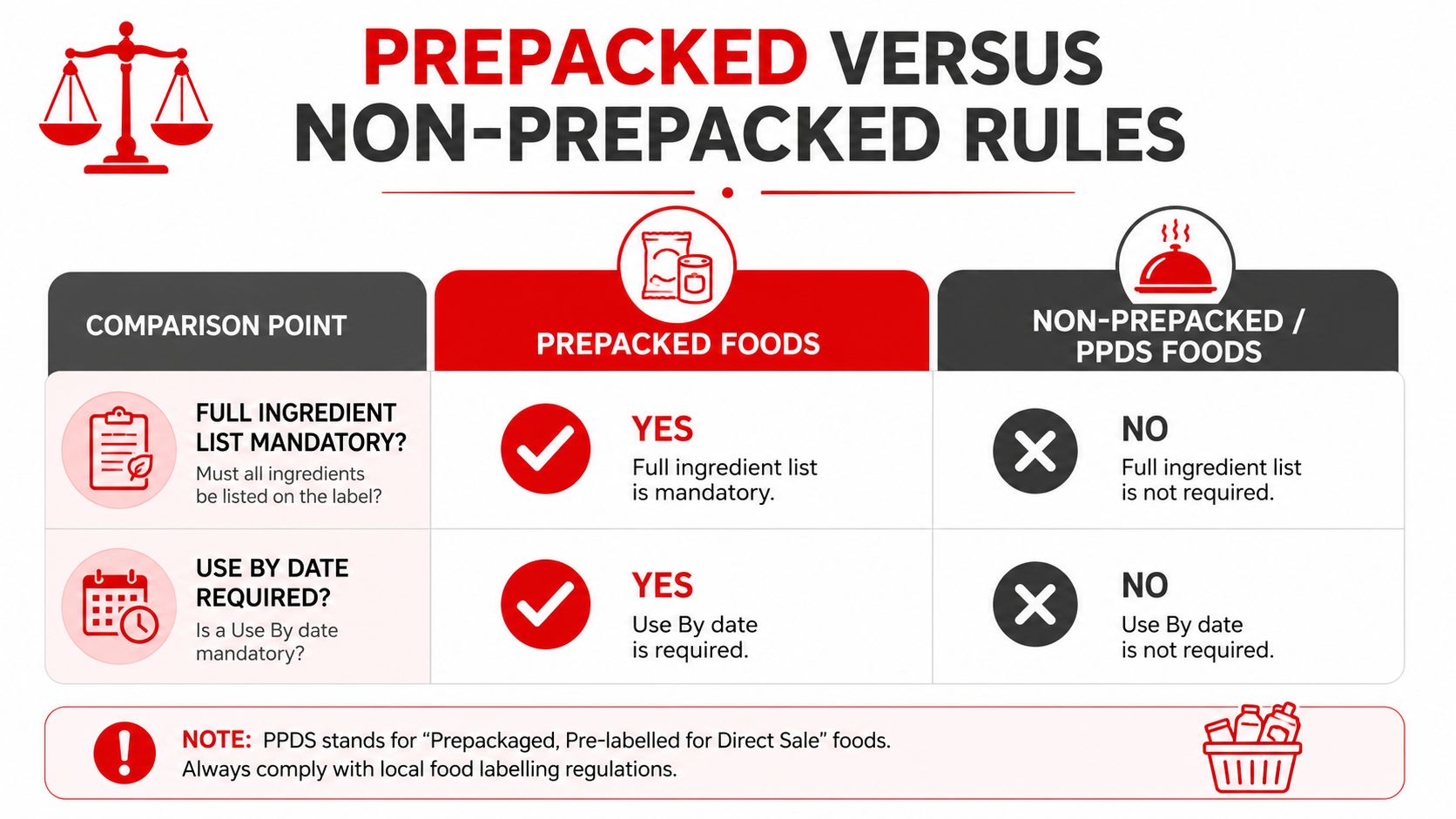 A comparison chart showing labelling requirements for prepacked foods versus non-prepacked and PPDS foods.