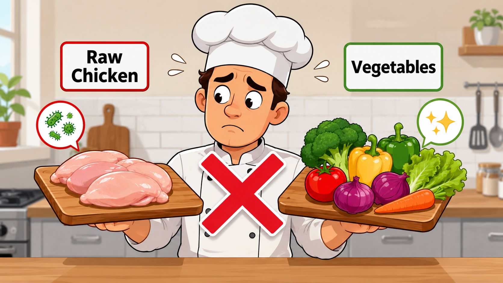 A worried chef holding raw chicken on one board and vegetables on another, representing cross-contamination safety risks.