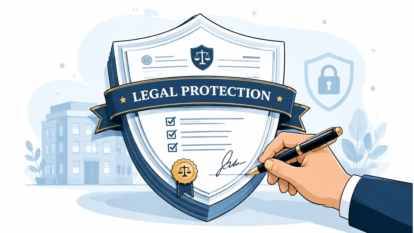 A professional hand signing a legal document protected by a shield symbol for legal protection concept.