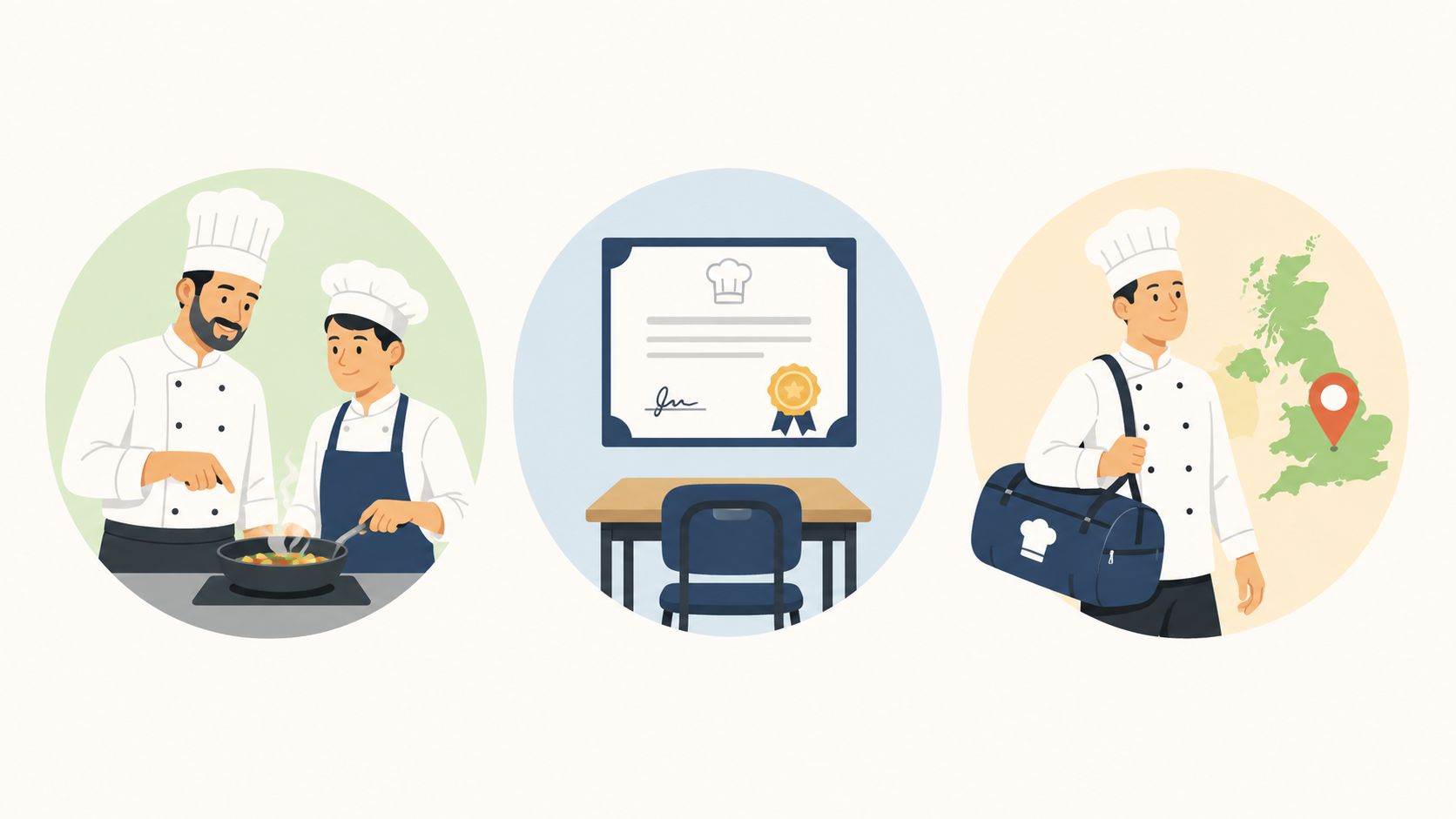 A professional chef mentoring an apprentice, a cooking certificate, and a chef traveling in the UK.