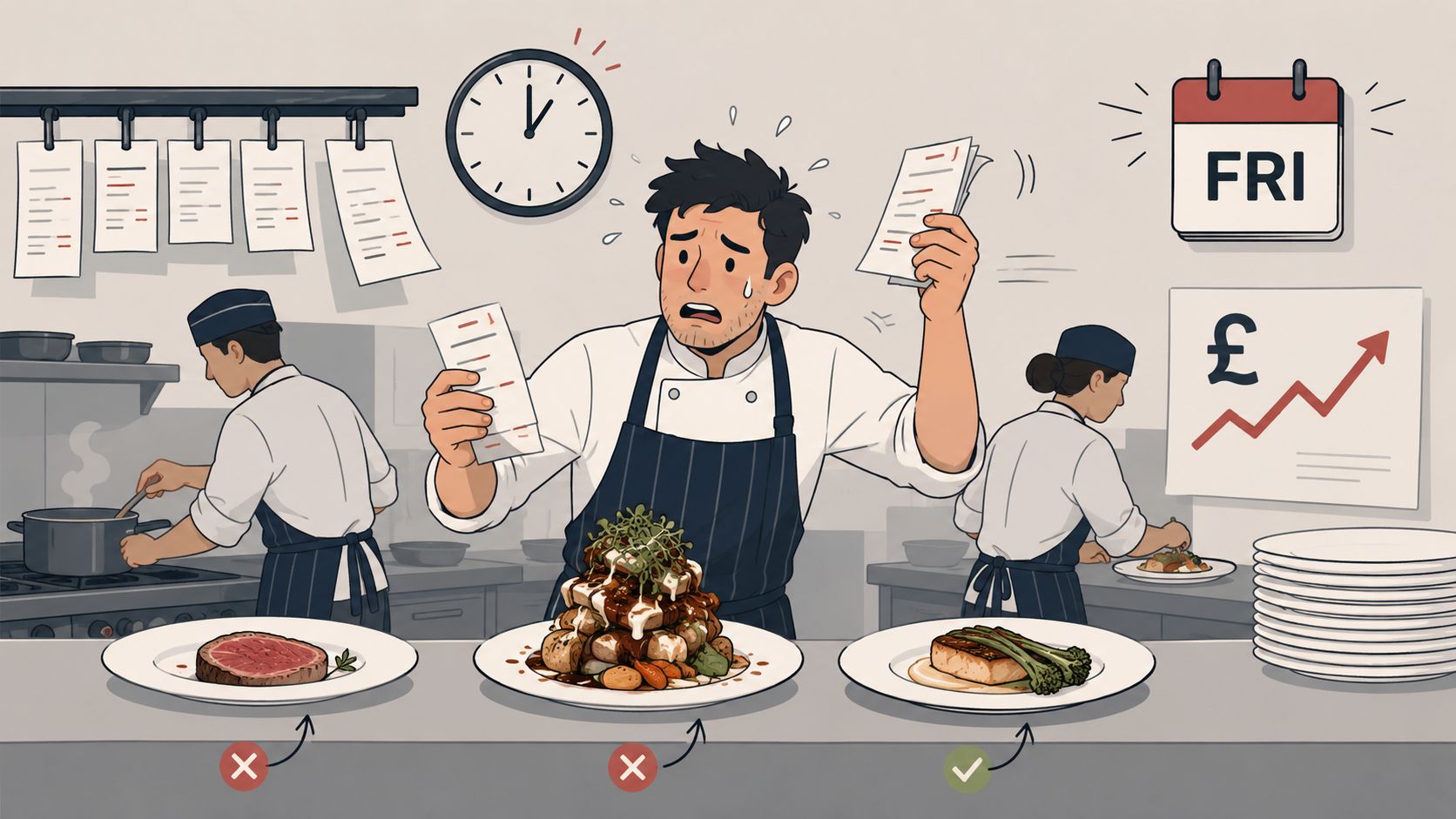 A stressed chef in a busy kitchen looking at orders with several plated dishes and charts.