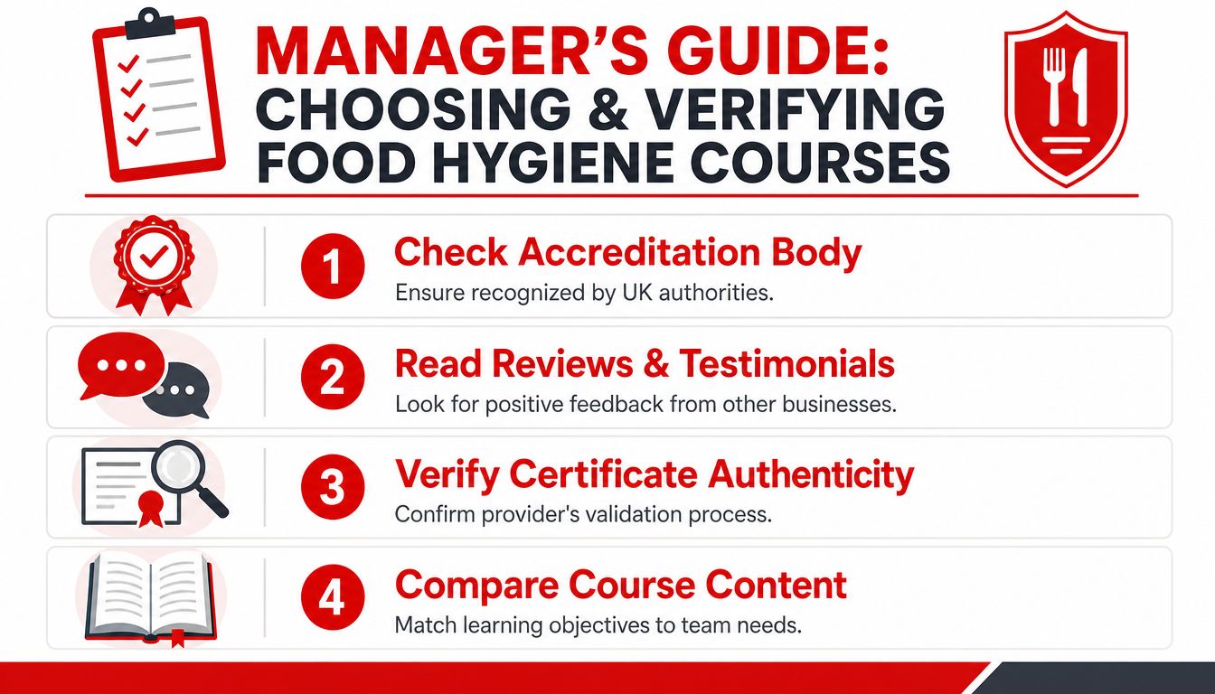 A manager's guide infographic outlining four essential steps to choose and verify professional food hygiene training courses.