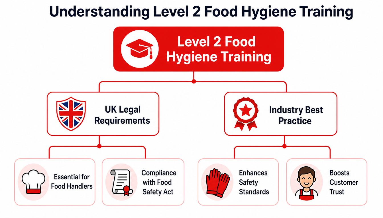 An infographic titled Understanding Level 2 Food Hygiene Training highlighting legal requirements and industry best practices.