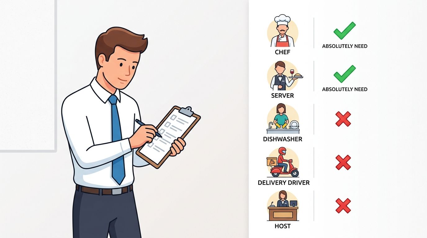 A professional man checking off restaurant roles, identifying a chef and server as essential staff members.