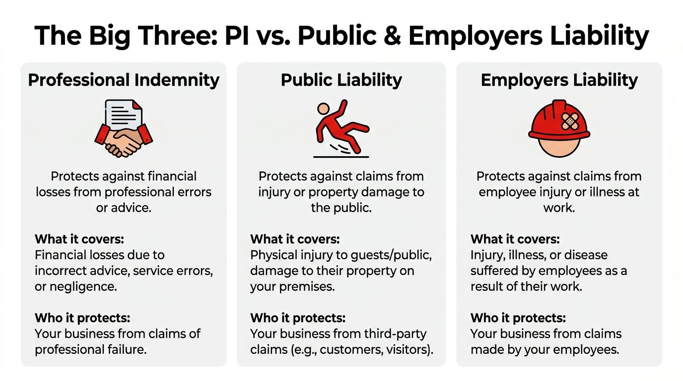 An infographic comparing professional indemnity, public liability, and employers liability insurance coverage and their key features.