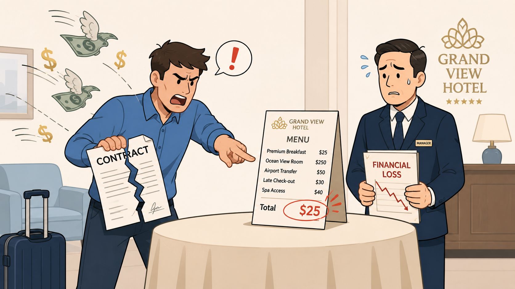 An angry customer tearing up a hotel contract while the nervous manager holds a financial loss document.