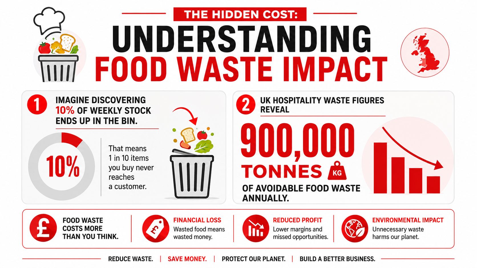 An infographic showing the environmental and financial impact of food waste in the UK hospitality industry.