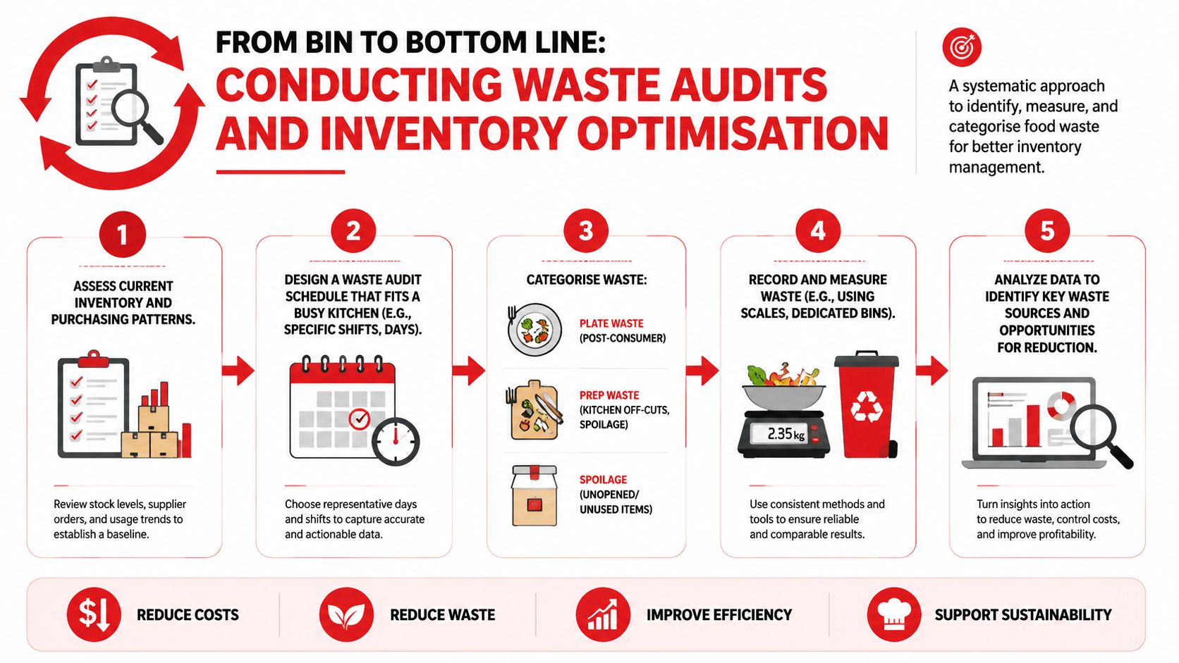 An infographic showing a five-step process for conducting food waste audits to improve kitchen inventory management.