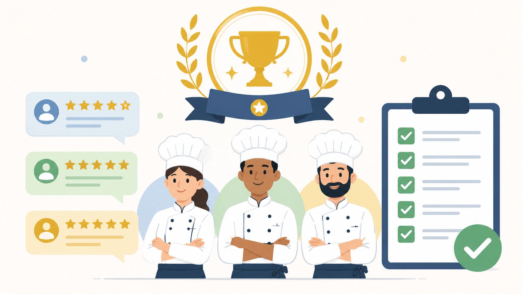 Three professional chefs standing in front of positive customer reviews and a completed achievement checklist.
