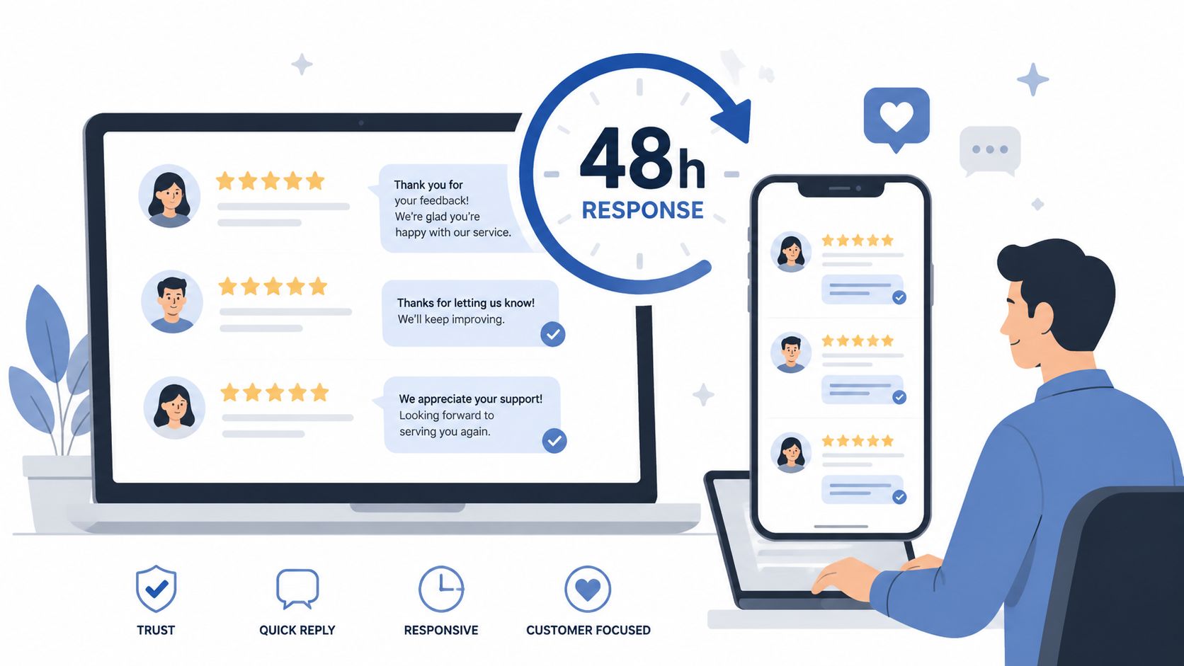 A professional customer service representative responding to online feedback on a laptop and smartphone screen.