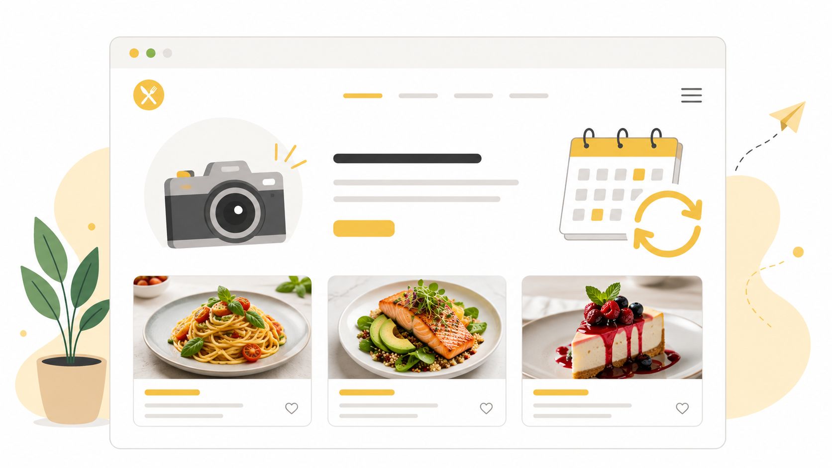 A conceptual illustration of a website interface featuring food photography, a camera icon, and a calendar symbol.