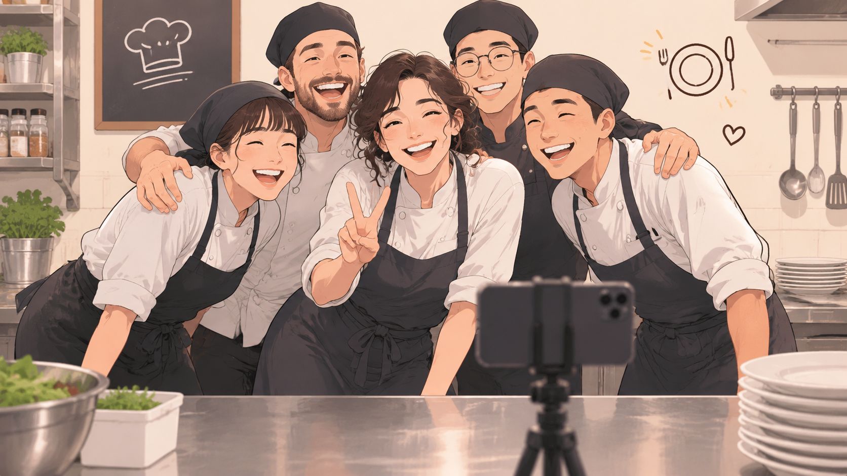 A group of five smiling chefs in a professional kitchen recording a video on their smartphone.