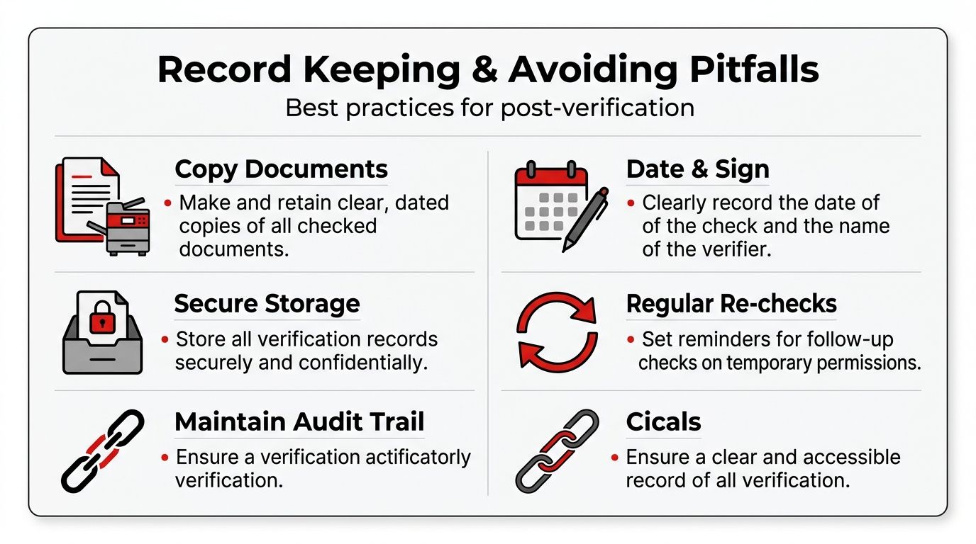 A guide illustrating six essential best practices for post-verification record keeping and avoiding compliance pitfalls.