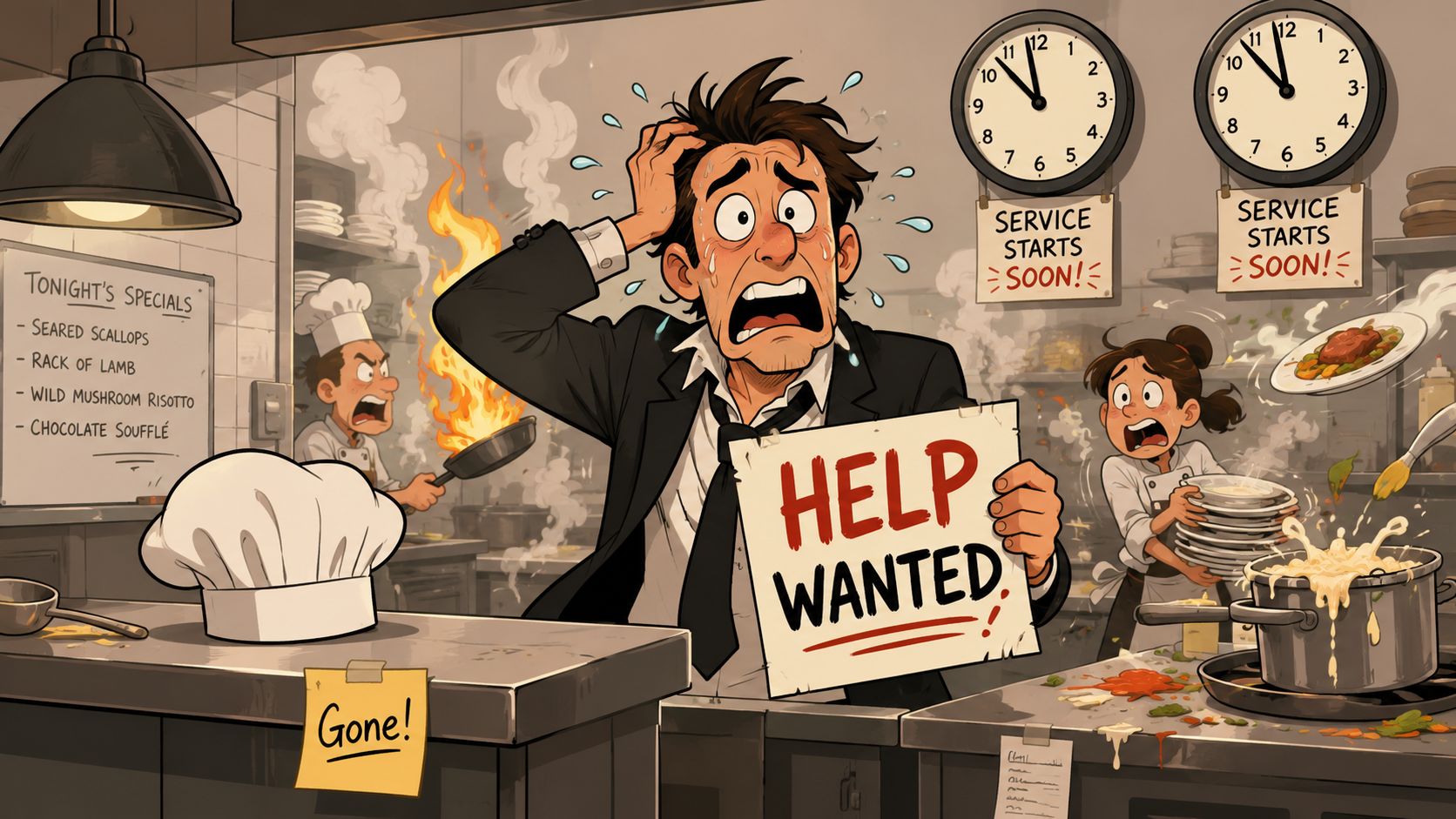 A stressed restaurant manager holding a Help Wanted sign in a chaotic, messy professional kitchen.