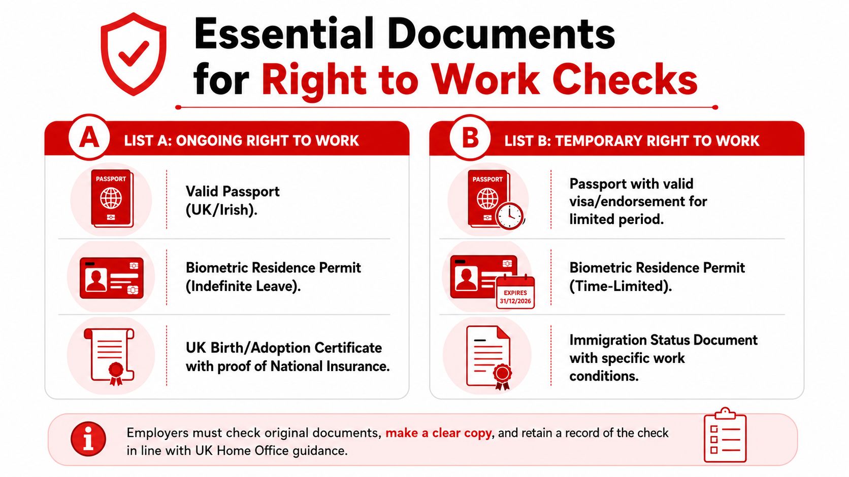 An infographic detailing essential UK right to work documents divided into ongoing and temporary status categories.