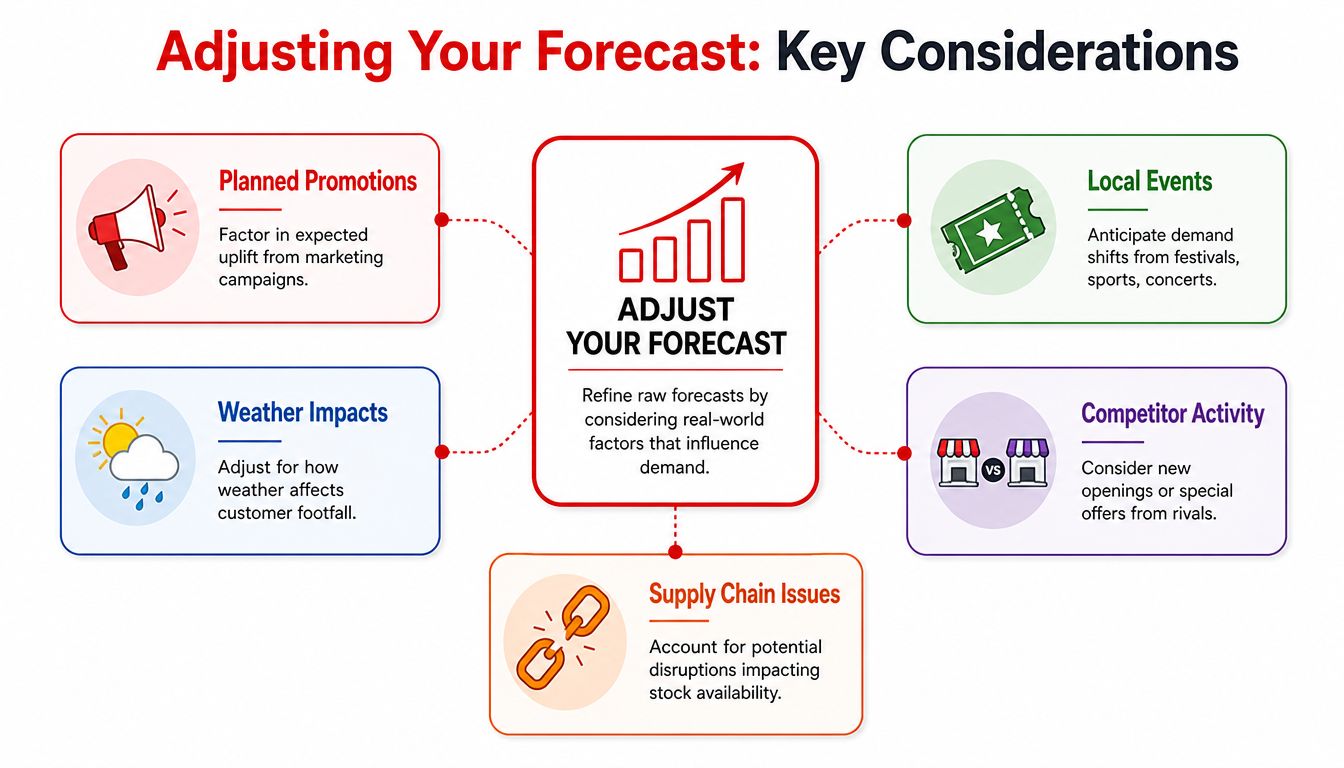 A diagram illustrating key factors for adjusting business demand forecasts, including promotions, weather, events, and supply chain.