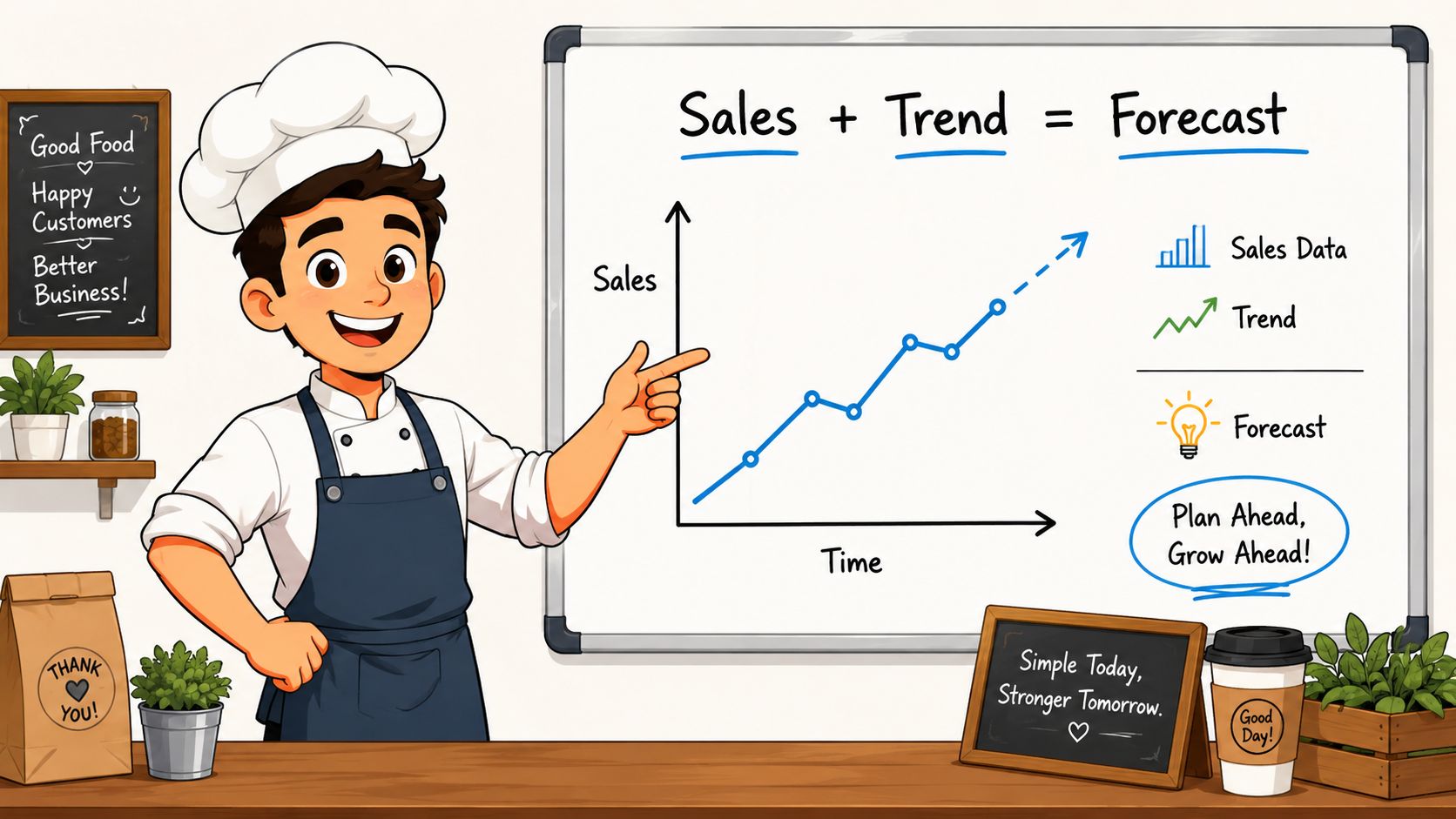 A friendly chef pointing at a whiteboard demonstrating sales and trend forecasting for better restaurant business planning.